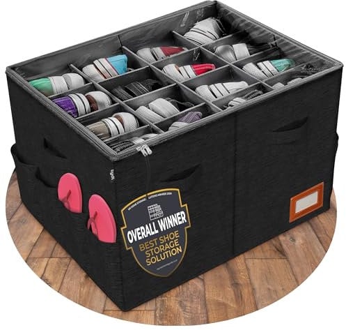 Tydi Shoe Storage Box – Ultra-Stiff Shoe Organiser with Clear Zip Cover, Tag Insert & 16 Compartments – Stackable Shoe Storage Solution & Space Saver for Closet & Wardrobe - Black