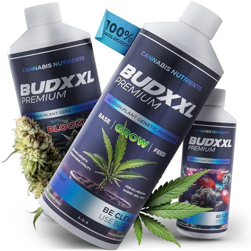 BUDXXL Dünger Set - Grow, Bloom, Blüte Booster - Made in Germany - Konzentrat mit Düngeschema, Growdünger für Wachstum und Blüte speziell für Cannabis, Ökologisch und vegan (2,25 Liter)
