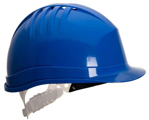 Portwest PS60 Expertline Safety Helmet Slip Ratchet Head Protection HDPE Lightweight Vented Shell Six Point Harness Adjustable Fit Extended Rear Nape Rain Gutter Sweatband CE Certified, Royal Blue
