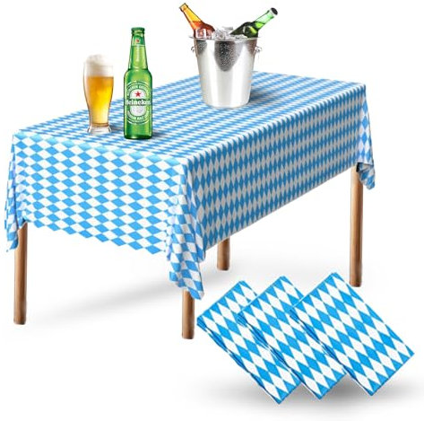 Janety 3 Stück Oktoberfest Tischdecken, 137 x 274 cm Bayerische Tischdecken, Blau Weiß Tischdecke Einwegtischdecken für Picknick Camping Home Party Oktoberfest Dekoration