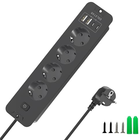 Versenkbare Steckdosenleiste 4-Fach mit 4 USB (2 USB-C, 2 USB-A), 16A, 2 m Kabel, Energiesparschalter – Unsichtbare Einbausteckdose für sauberen Schreibtisch (Schwarz)