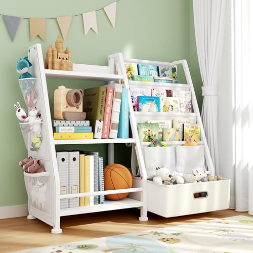 Kids Bookshelf and Toy Storage Organizer: 3-Tier Sling Book Shelf with 3 Side Pockets for Kids Room - Toy Storage Organizer with Fabric Drawers for Nursery, Bedroom, Playroom