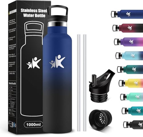 KollyKolla Gourde Isotherme 1L, Bouteille Isotherme Acier Inoxydable, Bouteille d'eau Étanche, sans BPA, Gourde Inox avec Paille, Réutilisable, Gourde pour Fitness, Randonnée, Camping, Cyclisme