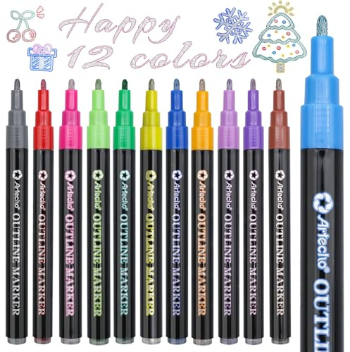 Artecho 12 Colors Self-Outline Metallic Markers, Professional Double Line Shimmer Pens for Adult Coloring, Calligraphy, Illustration & Artist-Grade DIY Crafts
