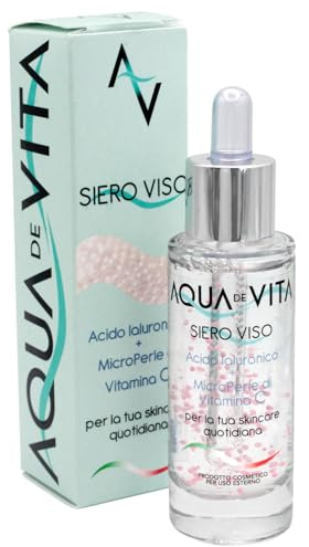Aqua De Vita, Siero Antirughe Viso Acido Ialuronico + Microperle di Vitamina C 30ml Idratante e Rinnovante Skin care quotidiana Made in Italy