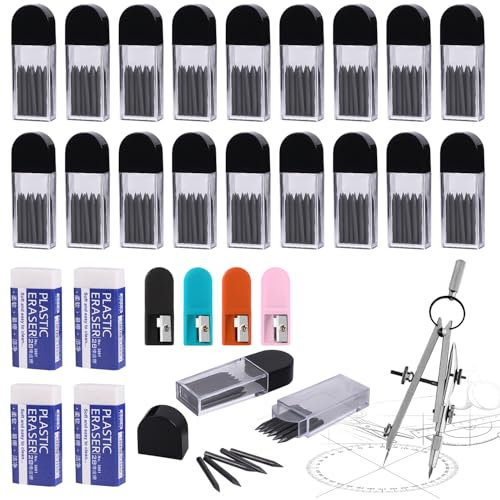 Fzyisw 300 mine da compasso 2B da 2 mm con 4 Eraser e 4 temperamatite – mine di ricambio robuste e liquide per scuola, ufficio e disegni tecnici, ideali per studenti, insegnanti e designer