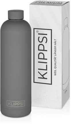 KLIPPSI® Trinkflasche Edelstahl 1000ml, isolierte Thermoflasche, 12h warm 24h kalt, auslaufsicher, langlebig, BPA frei und wiederverwendbar, ideal für Sport, Schule, Reisen und Outdoor(Grau)