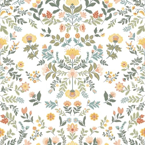 VEELIKE Tapete Blumen Weiß Viktorianische Blumentapete Fototapete Schlafzimmer Badezimmer 44.5 cm x 300 cm Selbstklebende Tapete Blätter Weiß Boho Mustertapete Abnehmbar Wand Dekoration Wohnzimmer