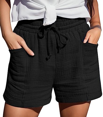 Shorts Damen Sommer Leinen Musselin Kurze Hose Beach Shorts Mit Taschen Mode Lässige Sportshorts Stoffhose Freizeit Stretch Sommerhose Soft Comfortable Mit Kordelzug Leinenhose Kurze Hose S-5XL