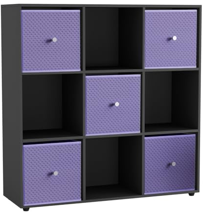 URBNLIVING 9 Cube Storage Unit with 5 Foldable Fabric Drawers, Wooden Freestanding Bookcase Shelf Organiser, Modern Cube Shelving for Bedroom, Office, Living Room, Toys, Clothes & Books
