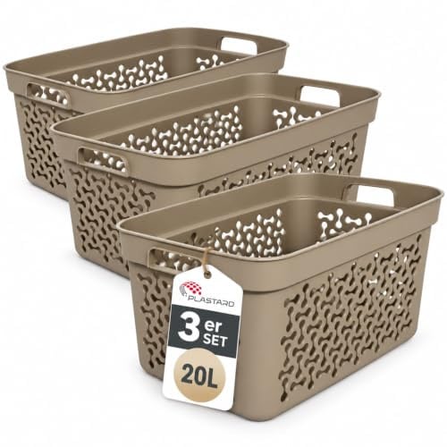 Plastard Wäschekorb 3er Set 20 Liter Beige aus Kunststoff mit Griffen | Stapelbar, robust & leicht zu reinigen; ideal für Bad, Kinderzimmer & Camping; BPA-freie Wäschewanne, leichte Wäschebox