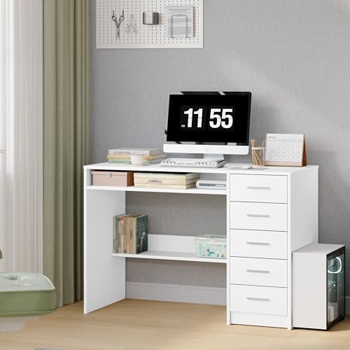 Hzuaneri Schreibtisch 108x50cm 5 Schubl. weiß | 5 Schubl,minimalistisch, stabil. Für Büro,Arbeitszimmer,Schlafzimmer. 108x50cm, weiß. Ref. CD10503X.