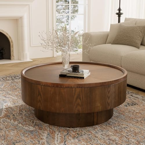 SOUWOFS 78CM Runder Couchtisch mit Stauraum, Massivholz furniert | Trommel-Couchtisch, Kleiner runder Mitteltisch, Moderner Luxus-Beistelltisch, Für Wohnzimmer Schlafzimmer Wohnung