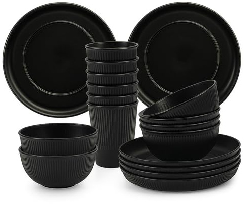 GREENSAPPIRE 18Pcs Plates and Bowls Set Camping Plates Unbreakable Dinner Set for 6 -Platess and Bowls Set for Home Picnic Lightweight Microwave Dishwasher (Black)