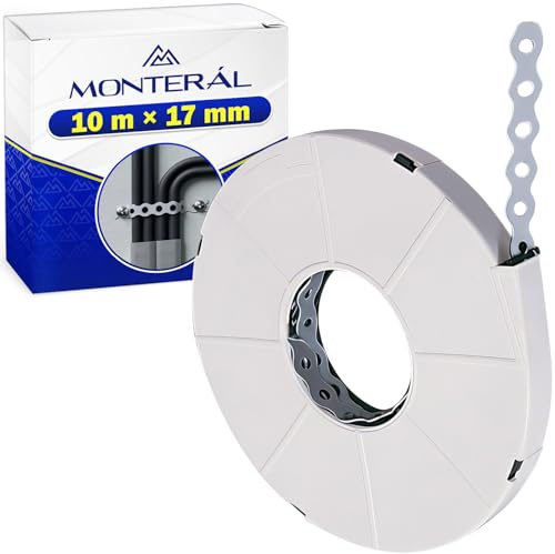 MONTERAL Metallica Perforata Bandella Ferma Tubi 10mx17mm Acciaio Zincato | Nastro Metallico per Lavori Montaggio in Edilizia Idraulica Installazioni Elettriche - Garanzia di 10 Anni - MONTERAL