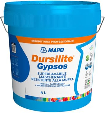 MAPEI Dursilite Gypsos Pittura Murale Professionale, Finitura Opaca, Resine Acriliche, Alta Copertura, Lavabile, Protezione contro Muffe, per Interni, 4 L