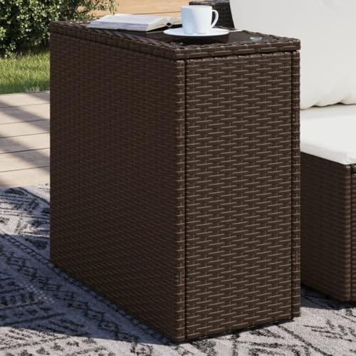 MinoLiving Gartentisch mit Glasplatte Braun 58x27,5x55 cm Rattan Esstisch Terrassentisch Balkontisch Klapptisch Beistelltisch Couchtisch Picknicktisch Outdoortisch Camping Tisch Bistrot