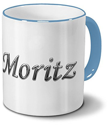 printplanet Tasse mit Namen Moritz - Motiv Chrom-Schriftzug - Namenstasse, Kaffeebecher, Mug, Becher, Kaffeetasse - Farbe Hellblau