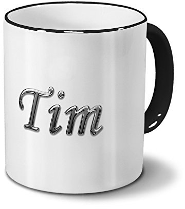 printplanet Tasse mit Namen Tim - Motiv Chrom-Schriftzug - Namenstasse, Kaffeebecher, Mug, Becher, Kaffeetasse - Farbe Schwarz