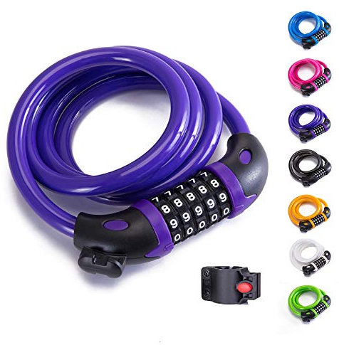 Bike Lock Bicycle Lock Chain ,5-Digit Combination Lock Core Steel Wire Bike Lock Security&Portable Bicycle Locks,1.1m x 1/2 inch (Purple)