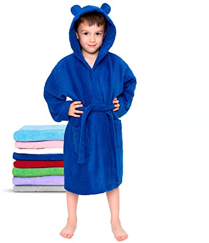 Twinzen - Peignoir Enfant Coton pour Fille et Garçon - 100% Coton Oeko-TEX® sans Produits Chimiques- 2 Poches, Ceinture, Capuche avec Oreilles,3-4 ans,Bleu