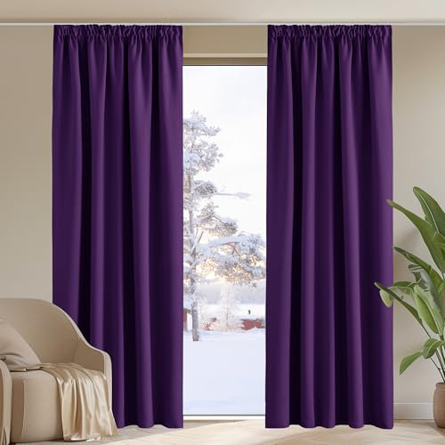 PONY DANCE Blickdichte Vorhänge Wohnzimmer Thermovorhang Hitzeschutz 2er Set H245 x B140 cm Violett, Verdunkelungsvorhang mit Kräuselband für Schiene Blackout Curtains for Bedroom