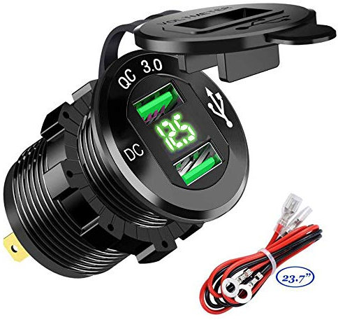 GemCoo USB de Cargador QC3.0 Cargador Rápida de Dos Puertos USB Aluminio 12V / 24V 36W Pantalla LED Digital para Adaptador Cargador para Coches, Motos, Motocicleta o Barco (Azul) (Verde)