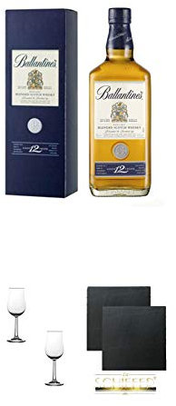 Ballantines 12 Jahre Gold Seal 0,7 Liter + Nosing Gläser Kelchglas Bugatti mit Eichstrich 2cl und 4cl - 2 Stück + Schiefer Glasuntersetzer eckig ca. 9,5 cm Ø 2 Stück