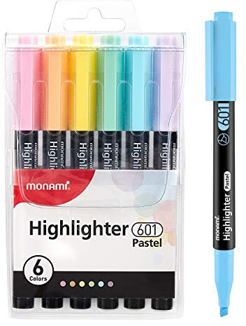 MONAMI Evidenziatori, punta a scalpello (1~4 mm), 6 evidenziatori assortiti resistenti allo sbiadimento, evidenziatori a inchiostro pastello con clip integrata, forniture per scuola, ufficio,