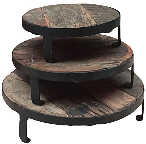 LS-LebenStil Vintage Holz Mini Tischchen Dehli - 25x9cm - Teakholz Platte - Metall Füße - Rustikal - Rund - Braun Schwarz - Blumenständer Pflanzenhocker Blumentopf Untersetzer Blumen Pflanzen Tisch