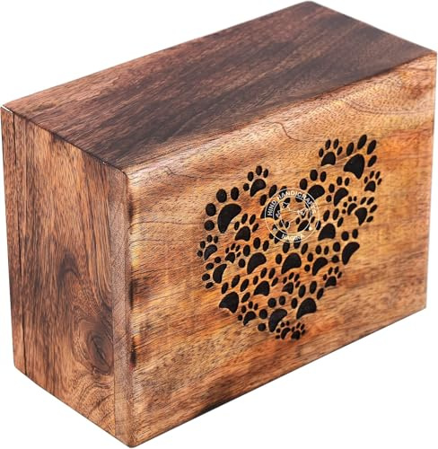 Hind Handicrafts Urne funéraire en bois de manguier vieilli gravé Urne pour cendres Boîte en bois pour photo (100 cubes en forme de patte de cœur)