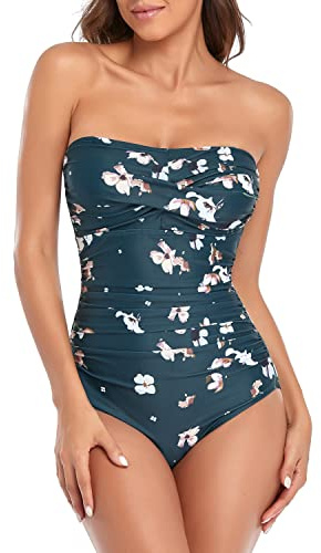 Smismivo Costume da bagno senza spalline con controllo della pancia Costume da bagno intero increspato costumi da bagno per le donne dimagrante a fascia top bikini, Floreale verde scuro, L