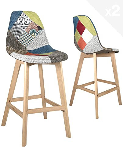 KAYELLES Lot de 2 chaises de Bar Patchwork, Hauteur Assise 67 cm, Style scandinave, Large et Confortable siège à Haut Dossier, Tissu rembourré, Pieds Bois de hêtre Clair Slick (Floral)