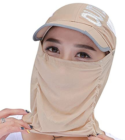 Damen Sommerhut Kappe mit Gesichtsschutz, Faltbarer Sonnenhut mit Abnehmbare Nackenschutz Kappe Anti-UV Schutz Strandhut Baseball Cap Atmungsaktiv Fischerhut für Angeln Radfahren Strand Camping