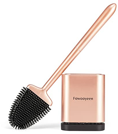 Fowooyeen Brosse WC Silicone, Brosse de Toilette Silicone et Support, Balayette WC Suspendu Plate à Séchage Rapide avec Manche Long, Balai Toilette Salle de Bain, Autoportant/Mural, Or Rose Mat
