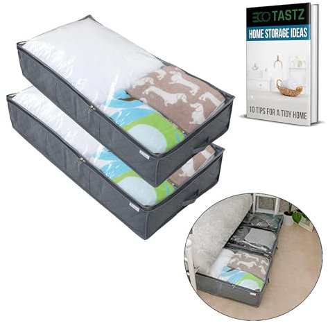 ECOTASTZ 90L underbed storage boxes- Pack of 2 Large under bed storage box with home organization Tips eBook- Clothes storage boxs with lid & PVC Window For Quilts, Towels, Linens, Blankets & Clothes