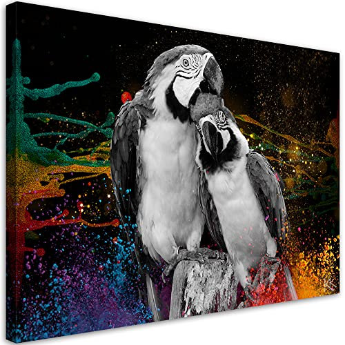 Feeby Bilder Tiere Papageien Abstrakt 60x40 cm Leinwandbild 1-teilig Design Kunstdruck Zimmerdeko Wohnzimmer Bilderwand Wanddekoration Schwarz Farbflecken Aquarell bunt