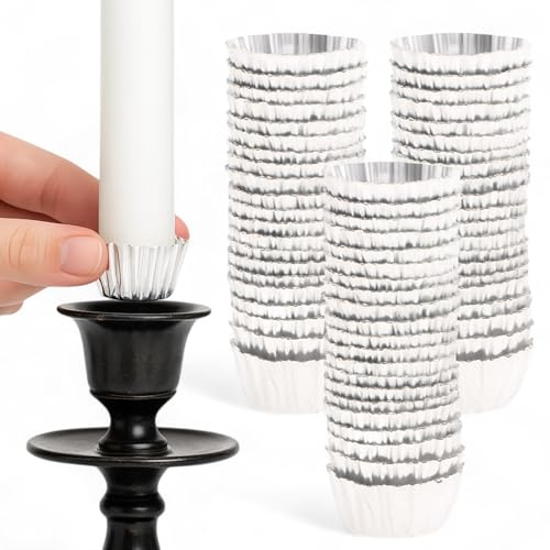 MIJOMA 120 Stück Candle Cups Kerzenhülsen aus Aluminium Silber – Befestigung für Stabkerzen Ø 2–2,5 cm – Schutz vor Wachsresten – Kerzentüllen für Kerzenständer