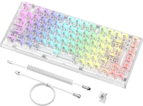 ATTACK SHARK Gasket Hot-Swap-Fähige Kabelgebundene Mechanische Tastatur,82 Tasten,Outemu-Schalter,RGB-Chroma-Beleuchtung,Hochtransparente Tastenkappe Aus PC-Material, Gewendeltes Tastaturkabel-Weiß