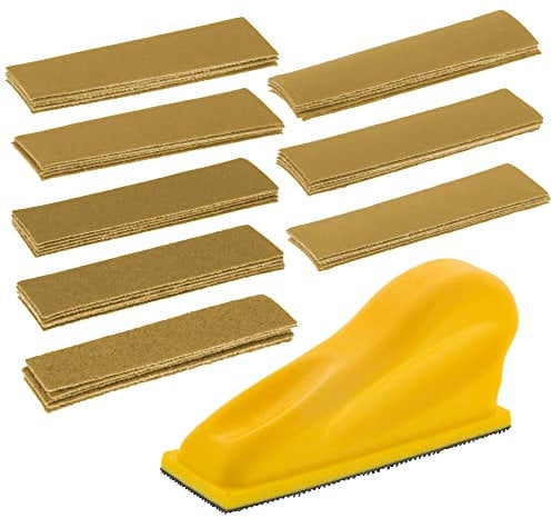 Dura-Gold Mikro-Handschleifklotz-Set, 8.9x2.5 cm Pad, Klettverschluss, 40 Schleifpapierblätter, 5 je 60, 80, 120, 180, 220, 320, 600 Körnung – Holzbearbeitung, kleine Details ail Finishing S ander