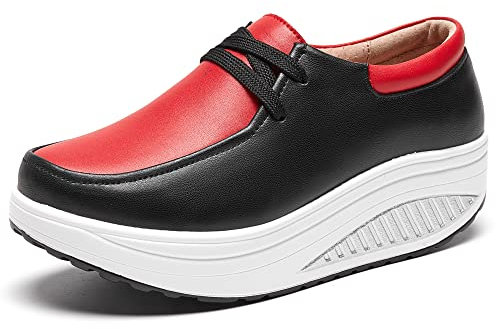 rismart Leather Platform Shoes Women Comfort Casual Walking Trainers Black Red,5