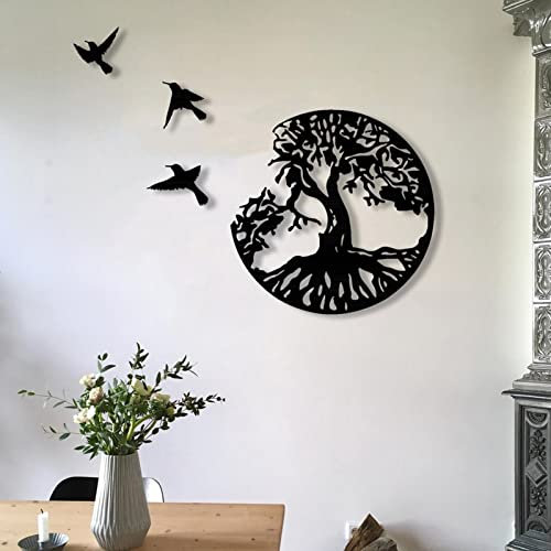 AIYING Art l'arbre Vie avec Oiseaux, 28/38cm Signe Famille Arbre en Métal, Arbre Vie Art, Décoration Murale RonModerne pour Jardin Maison Chambre Salon Cuisine, Noir