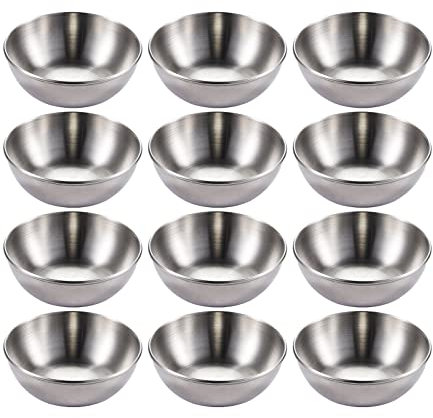 Hayuhone Sauce Dishes 12PCS 9cm Stainless Steel Sauce Bowl Mini Individual Round Seasoning Dishes Sushi Dipping Bowl Appetizer Plates (Silver)