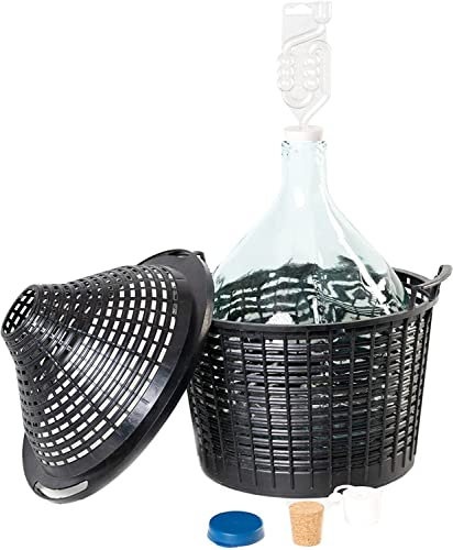 MIKONI Weinballon 34L mit Korb + Gärröhrchen + 3 Korken, Kunststoffkorb, Glasballon, Gäreimer, Gärballon, Weinfass, Gallone, Bügelflasche, Korb, Glasgärballon, Set, Gärröhr, Flasche, Gärbehälter