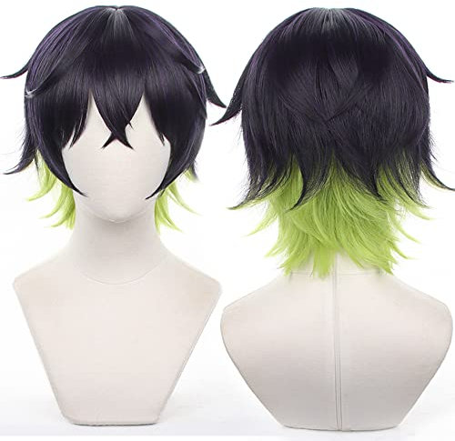 maysuwell Cosplay-Perücke Schwarz und Grün Kurz Kostüm Perücke für Erwachsene Herren