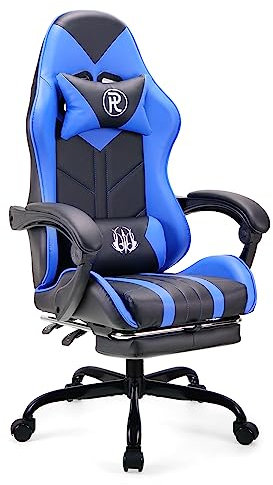play haha.Silla Gaming de Oficina Giratoria de Ordenador Silla de Tareas Silla de Escritorio Silla Ergonómica Silla de Carreras Silla de Cuero Silla PC Gaming (Azul,con Reposapiés),Largo,8021