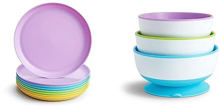 Munchkin 8 platos para comida para niños & Stay Put Copas con ventosa, paquete de 3, azul/verde/morado
