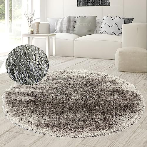Teppich-Traum Runder Wohnzimmerteppich Schlafzimmerteppich Langflor weich Glitzer Grau 120 cm Rund