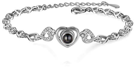 lorajewel Braccialetto personalizzato con foto proiettate di coppia Bracciale in argento e oro rosa con amore Festa della mamma Festa del papà Gioielli di Natale (argento-3)