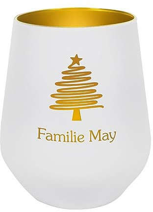 Herz & Heim® gravierter Windlichthalter in Weiß und Gold mit Weihnachtsmotiven und Wunschname personalisiert Tannenbaum